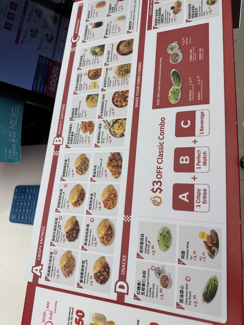 A detailed menu board for Bingz Singapore, showcasing various Chinese street food items, combos, and beverages.