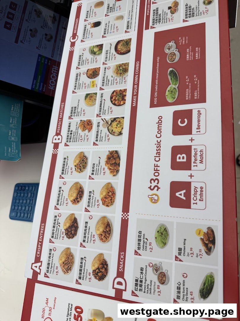 A detailed menu board for Bingz Singapore, showcasing various Chinese street food items, combos, and beverages.