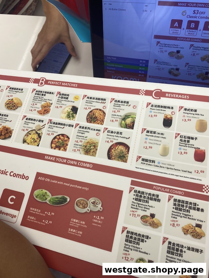 A detailed menu board displaying various Chinese dishes, combos, beverages, and add-ons with prices.