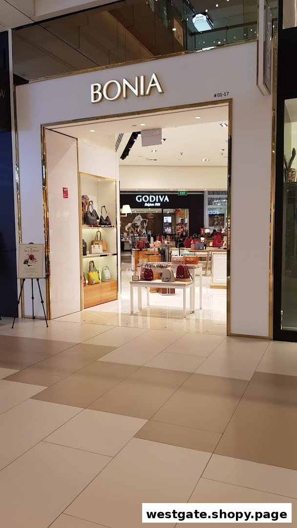 The elegant entrance of Bonia, showcasing a collection of stylish handbags and accessories.
