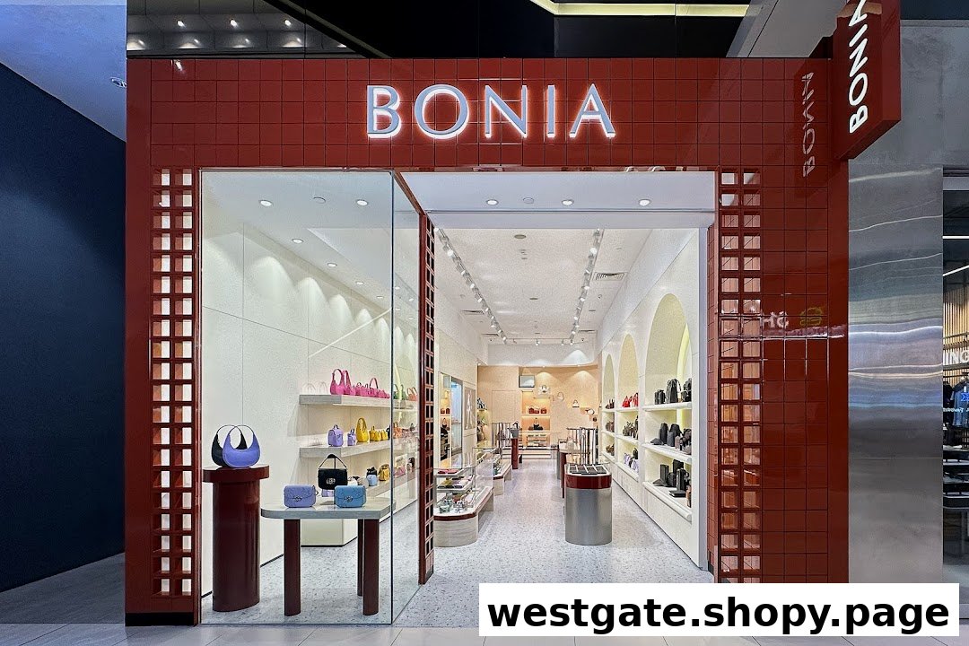 The vibrant red storefront of Bonia, showcasing a wide array of stylish handbags and accessories.