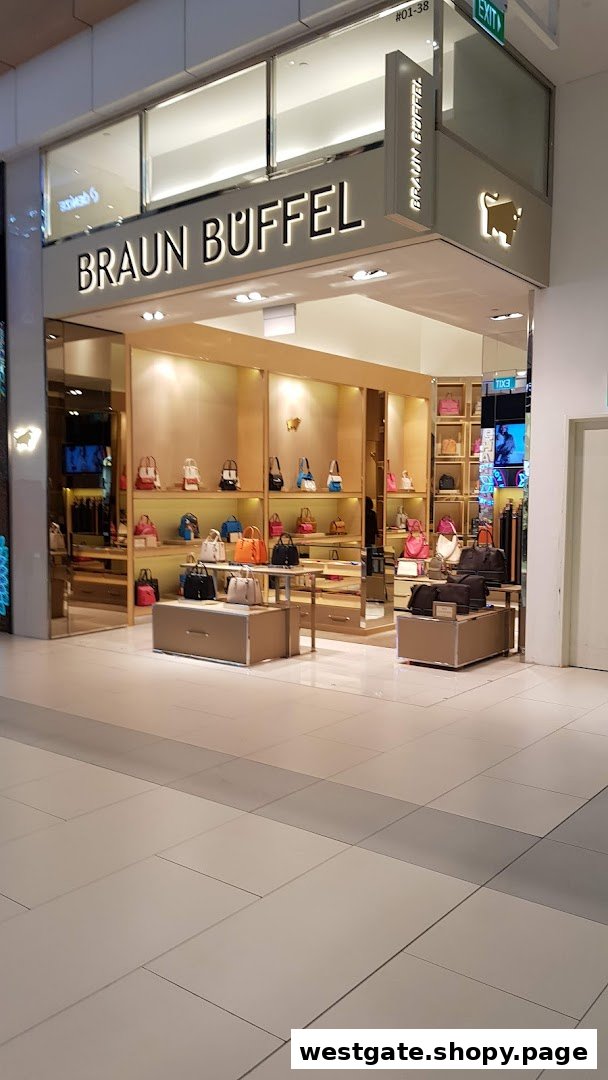 The Braun Büffel shop front displays a wide array of stylish leather handbags and accessories.