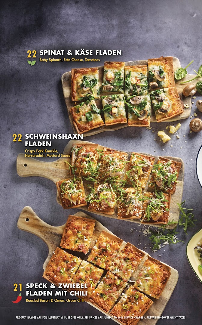 A menu page showcasing three types of German Fladen (flatbreads) with their ingredients and prices.