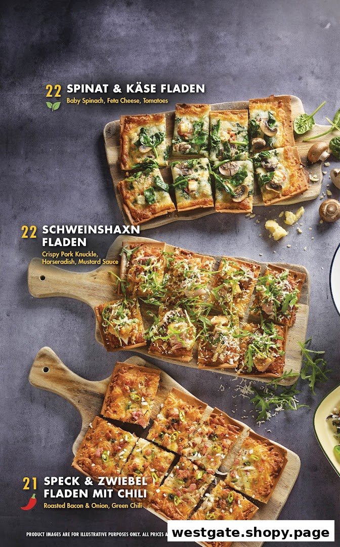 A menu page showcasing three types of German Fladen (flatbreads) with their ingredients and prices.