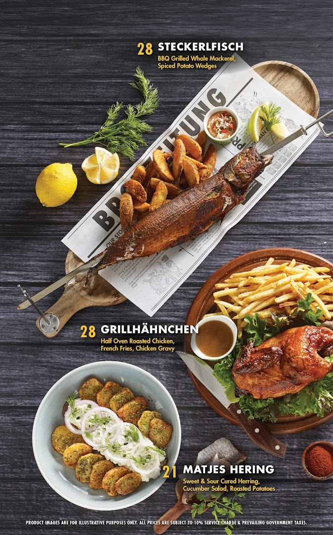 Three classic German dishes: grilled mackerel, roasted chicken, and cured herring, with prices.