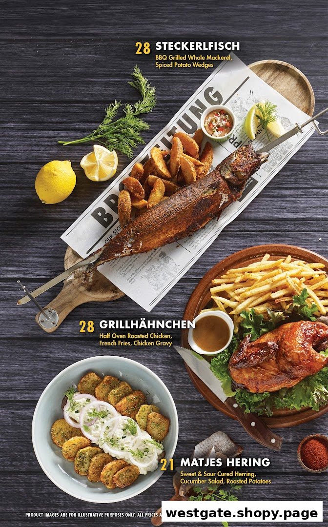 Three classic German dishes: grilled mackerel, roasted chicken, and cured herring, with prices.