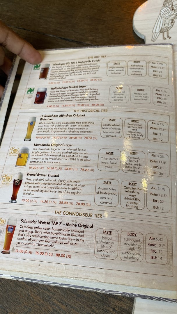 A close-up of Brotzeit's beer menu, showcasing various German beers with detailed descriptions and prices.