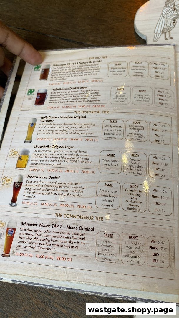 A close-up of Brotzeit's beer menu, showcasing various German beers with detailed descriptions and prices.