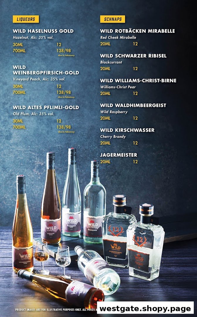 A menu displaying a selection of German liqueurs and schnapps with their prices and bottle sizes.