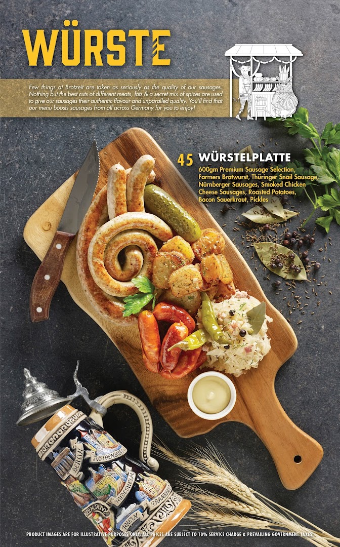 A hearty German sausage platter (Würstelplatte) with various sausages, roasted potatoes, sauerkraut, and pickles.