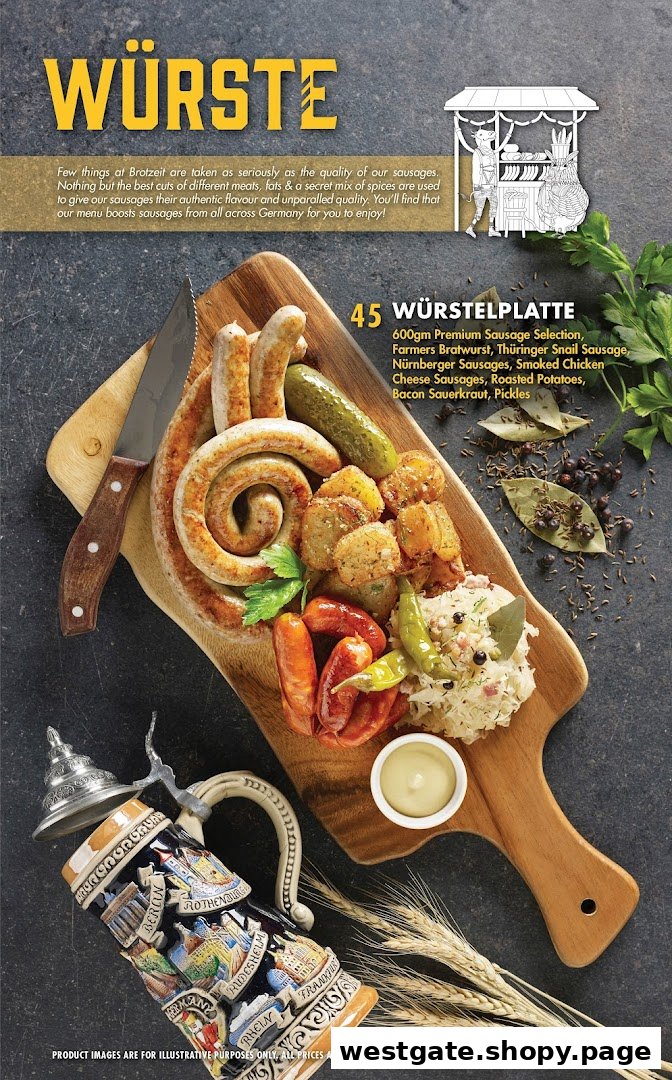 A hearty German sausage platter (Würstelplatte) with various sausages, roasted potatoes, sauerkraut, and pickles.