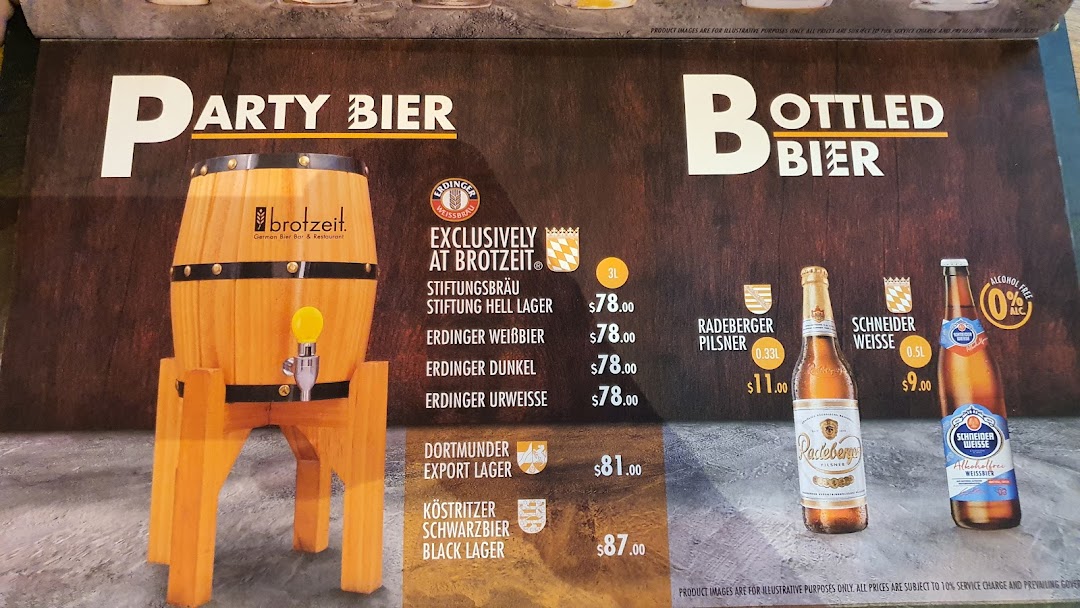 A menu displaying 'Party Bier' in a wooden barrel and various 'Bottled Bier' options with prices.