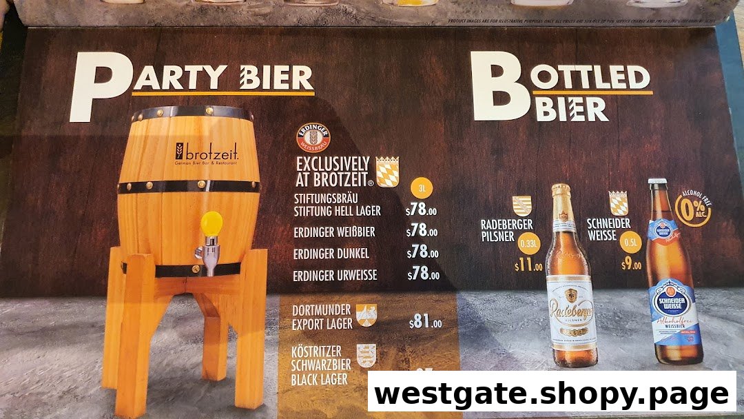 A menu displaying 'Party Bier' in a wooden barrel and various 'Bottled Bier' options with prices.