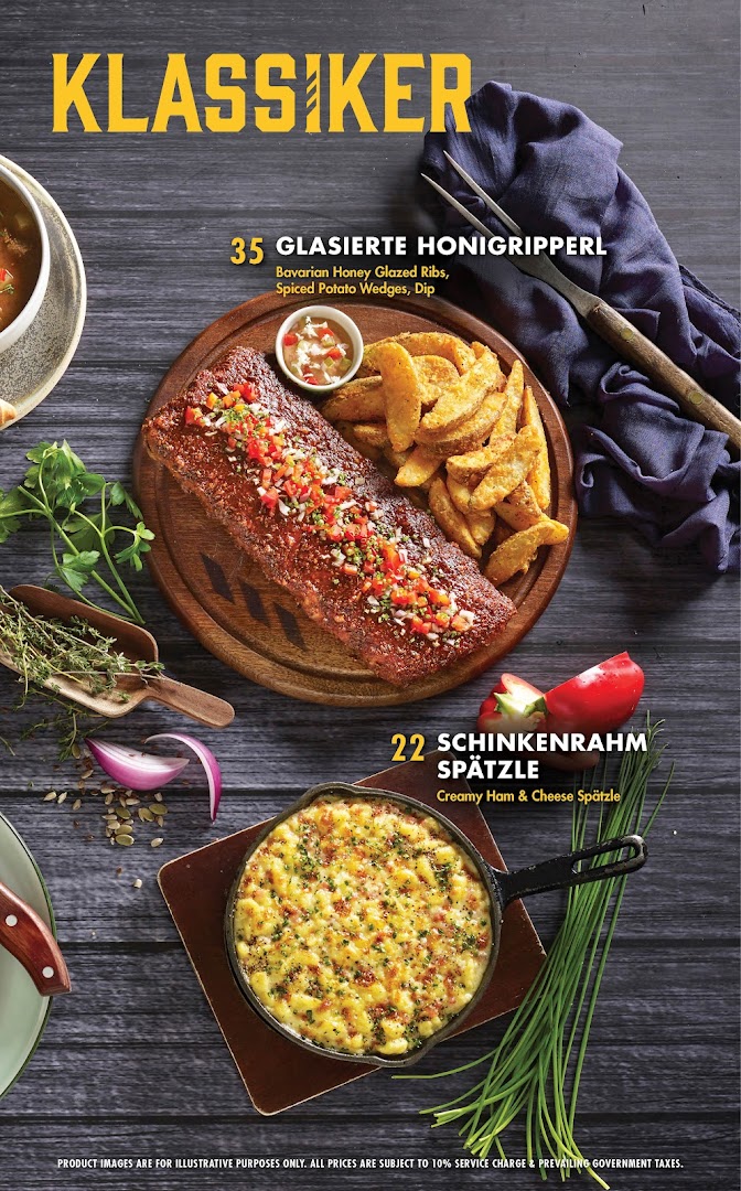 A menu page showcasing two classic German dishes: honey-glazed ribs with potato wedges and creamy ham & cheese spätzle.