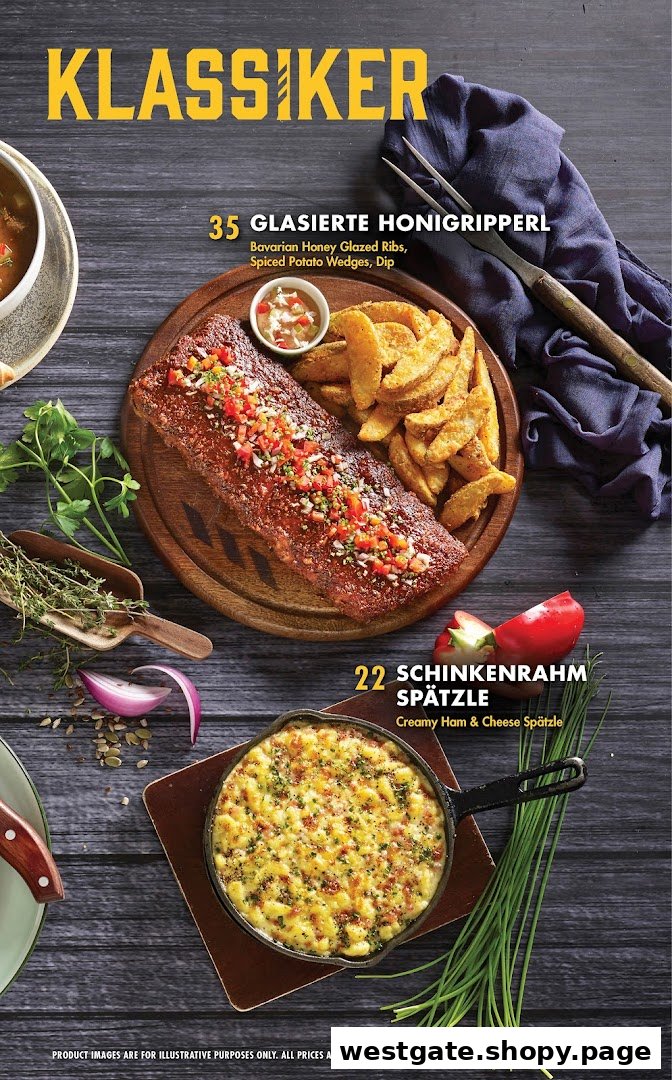 A menu page showcasing two classic German dishes: honey-glazed ribs with potato wedges and creamy ham & cheese spätzle.
