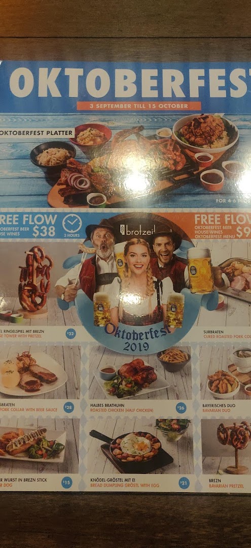 A vibrant Oktoberfest 2019 menu from Brotzeit, featuring German dishes and free-flow beer promotions.