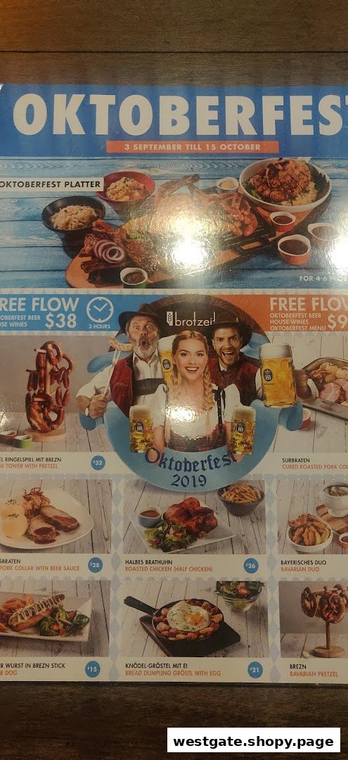 A vibrant Oktoberfest 2019 menu from Brotzeit, featuring German dishes and free-flow beer promotions.