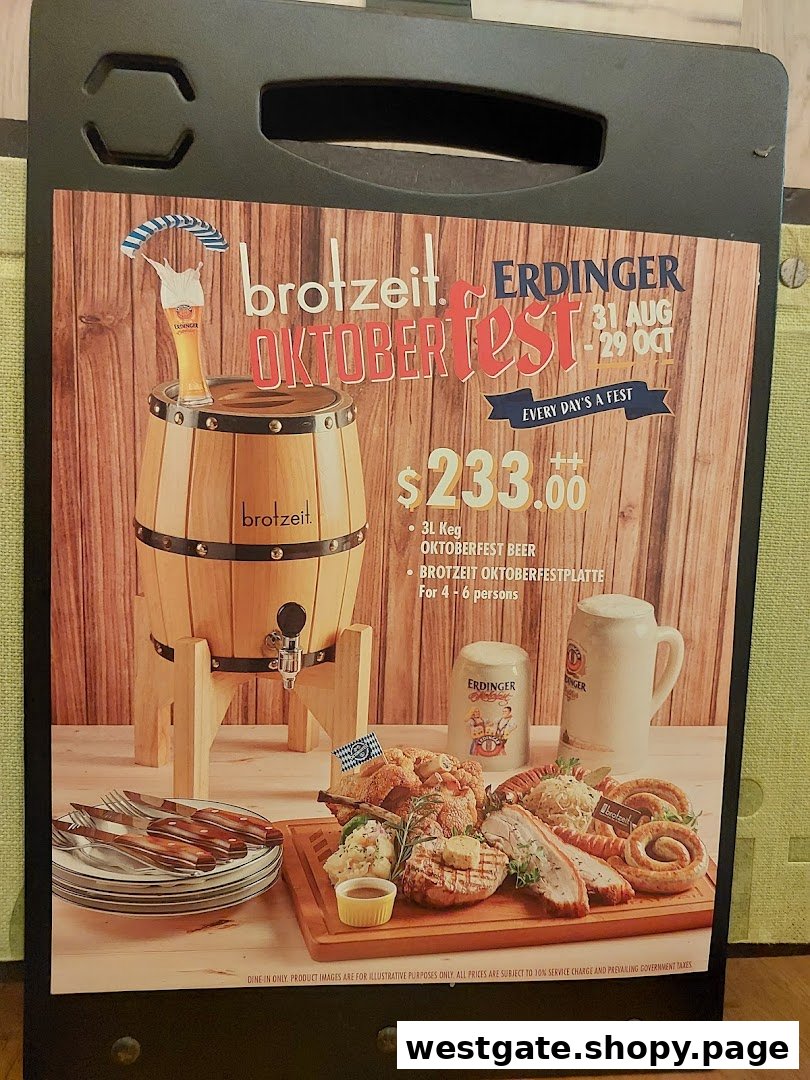 A promotional stand for Brotzeit's Oktoberfest special, featuring a beer keg and a large food platter.
