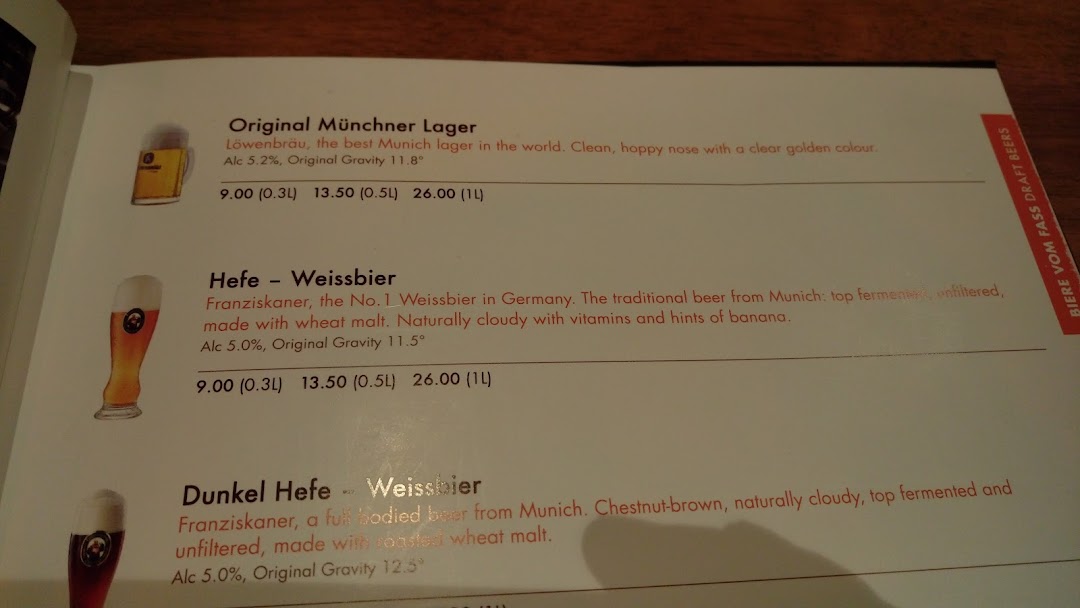 A menu page displaying various German draft beers with descriptions and prices.