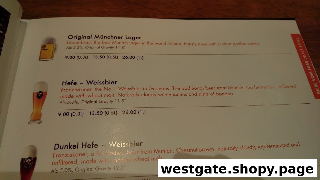 A menu page displaying various German draft beers with descriptions and prices.