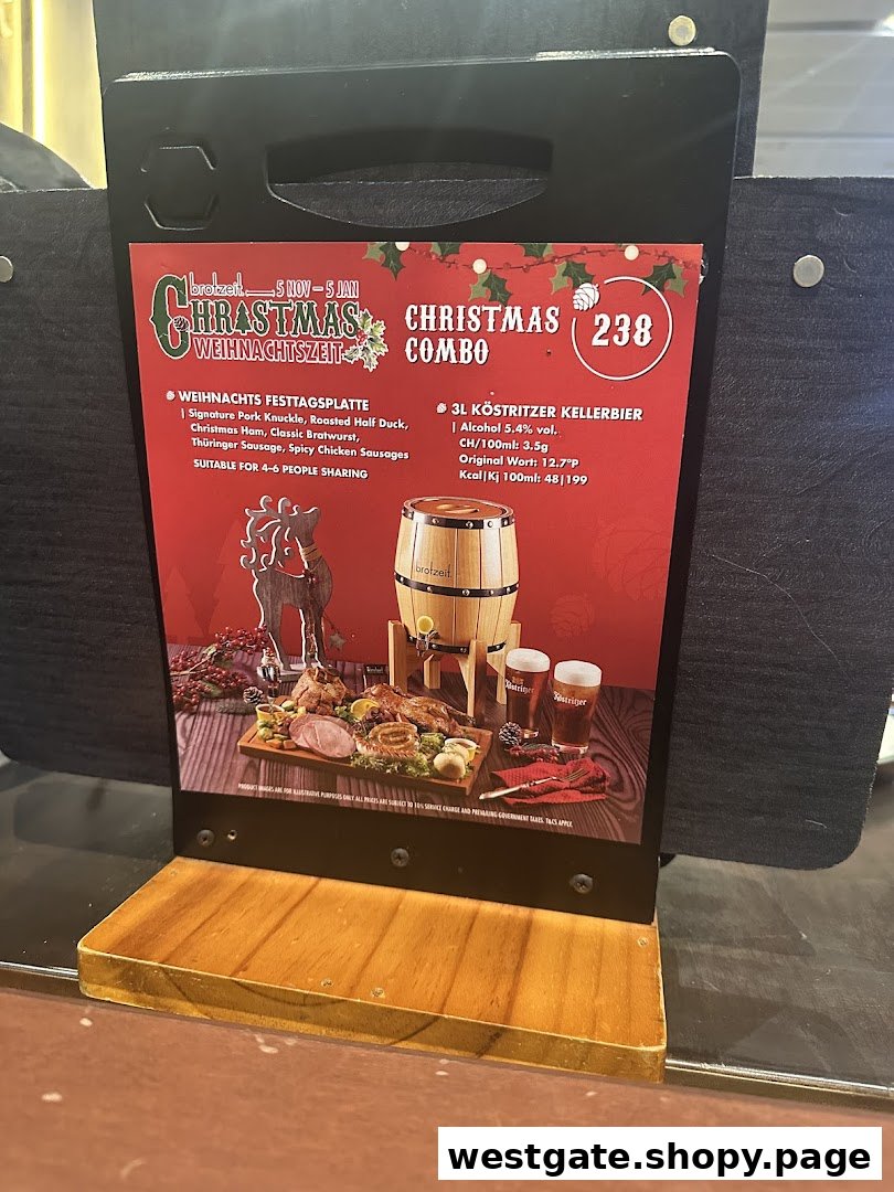 A promotional display for Brotzeit's Christmas Combo featuring a festive platter and beer.