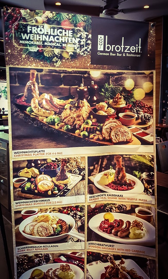 A festive promotional menu from Brotzeit featuring various German Christmas dishes.