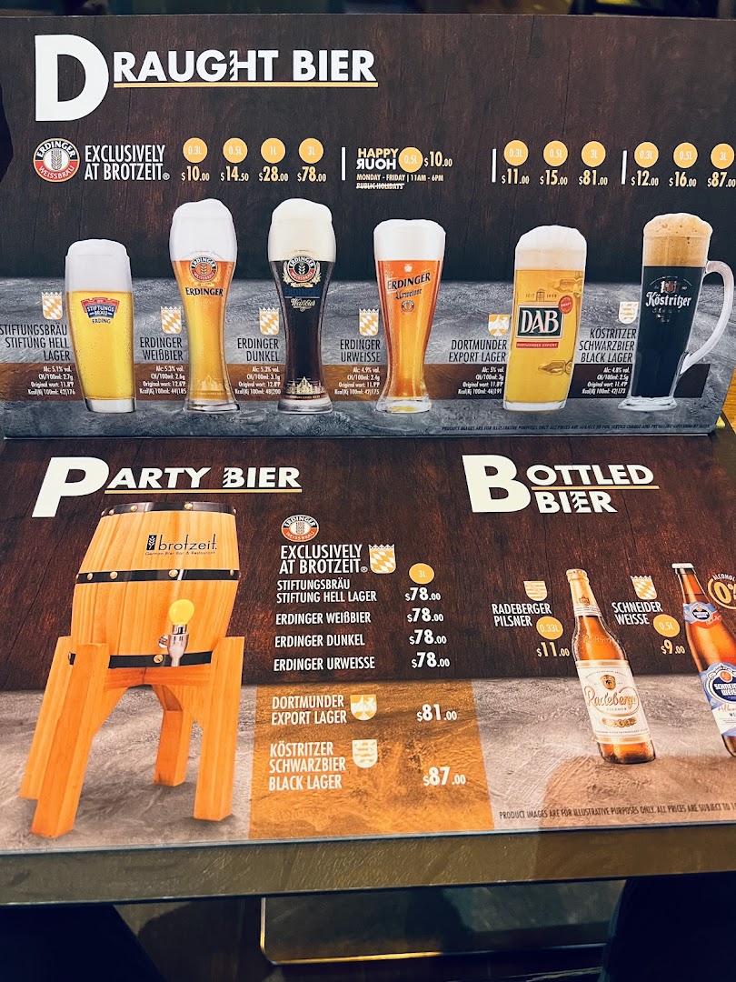 A menu board displaying various German draught, party, and bottled beers with prices.