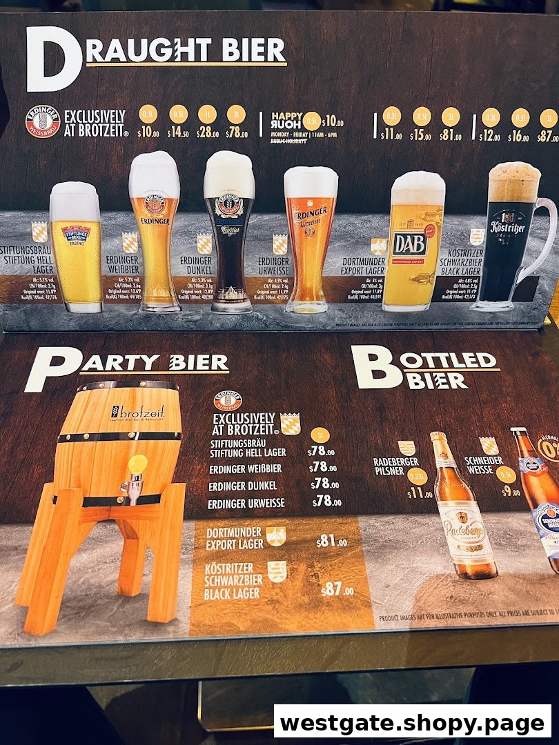 A menu board displaying various German draught, party, and bottled beers with prices.
