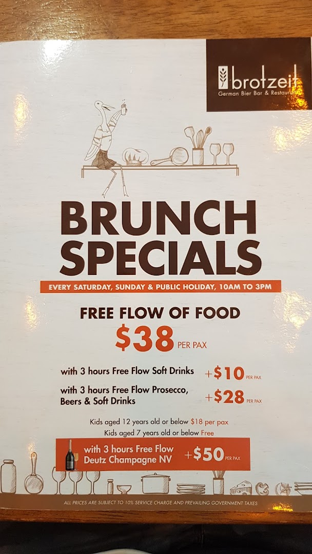 A menu displaying Brotzeit's Brunch Specials with free-flow food and drink options.