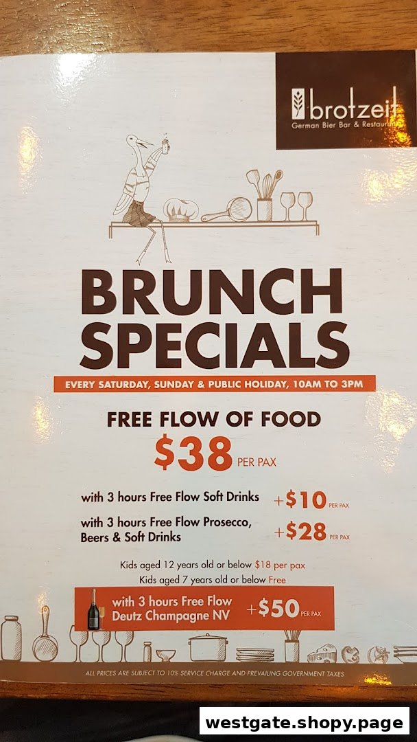 A menu displaying Brotzeit's Brunch Specials with free-flow food and drink options.