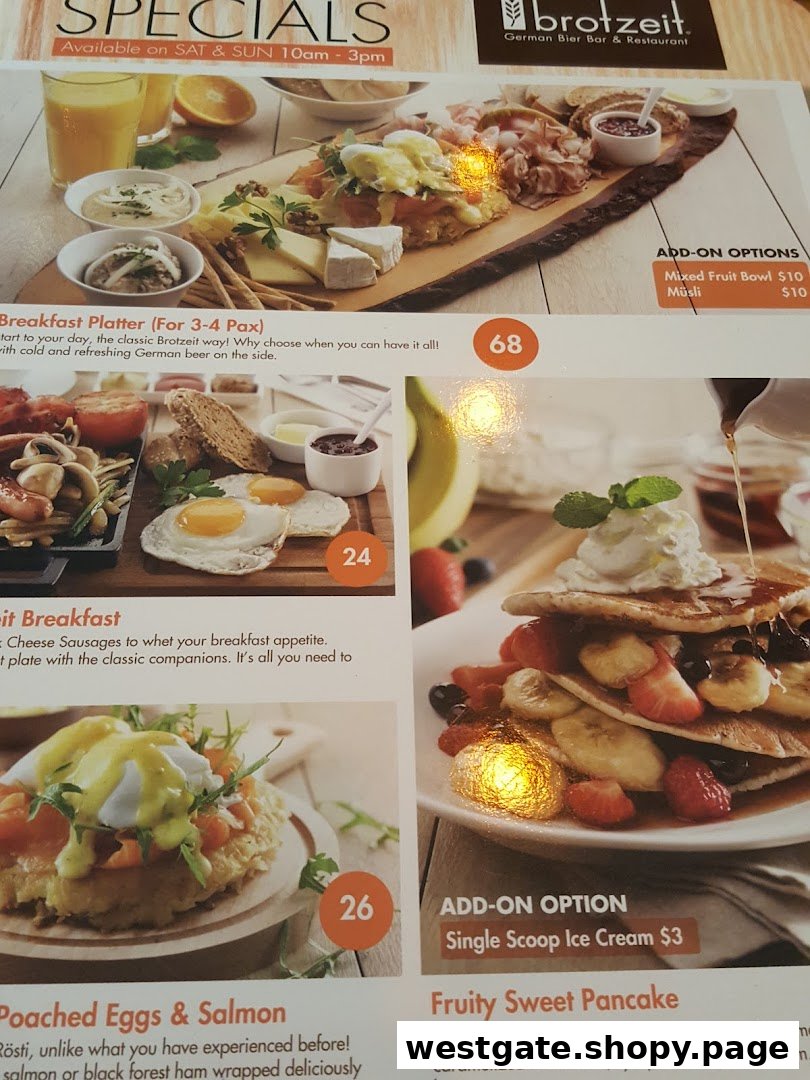A menu page showcasing various breakfast and brunch specials from Brotzeit German Bier Bar & Restaurant.