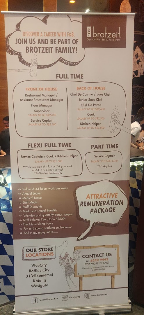 A recruitment banner for Brotzeit German Bier Bar & Restaurant, detailing various job openings and benefits.