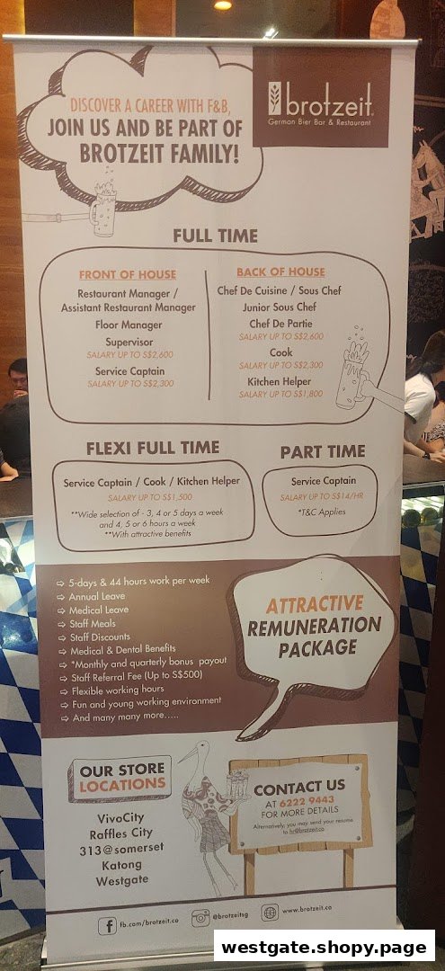 A recruitment banner for Brotzeit German Bier Bar & Restaurant, detailing various job openings and benefits.