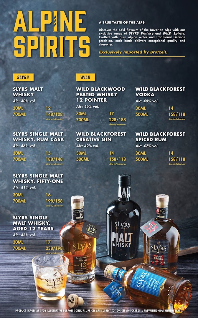 A menu displaying a selection of SLYRS and WILD Alpine Spirits with prices and bottle images.