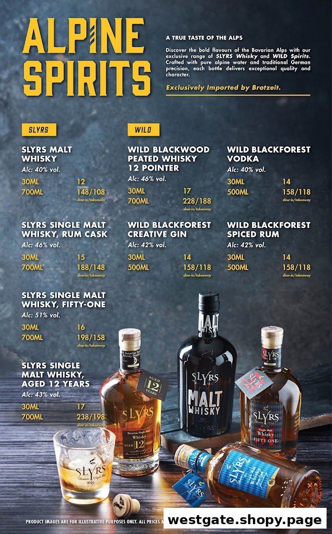 A menu displaying a selection of SLYRS and WILD Alpine Spirits with prices and bottle images.
