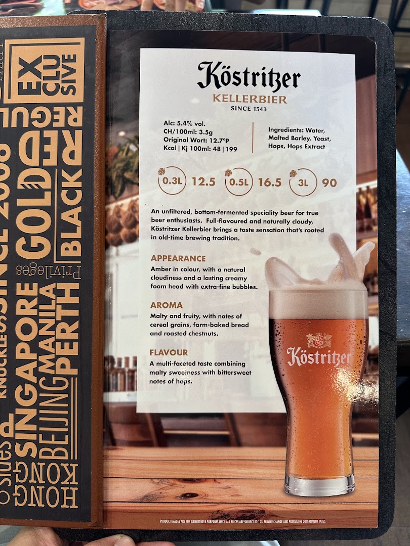 A detailed menu page showcasing Köstritzer Kellerbier, including its characteristics, ingredients, and pricing for various sizes.