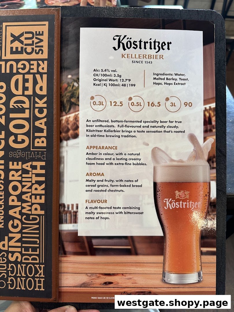 A detailed menu page showcasing Köstritzer Kellerbier, including its characteristics, ingredients, and pricing for various sizes.