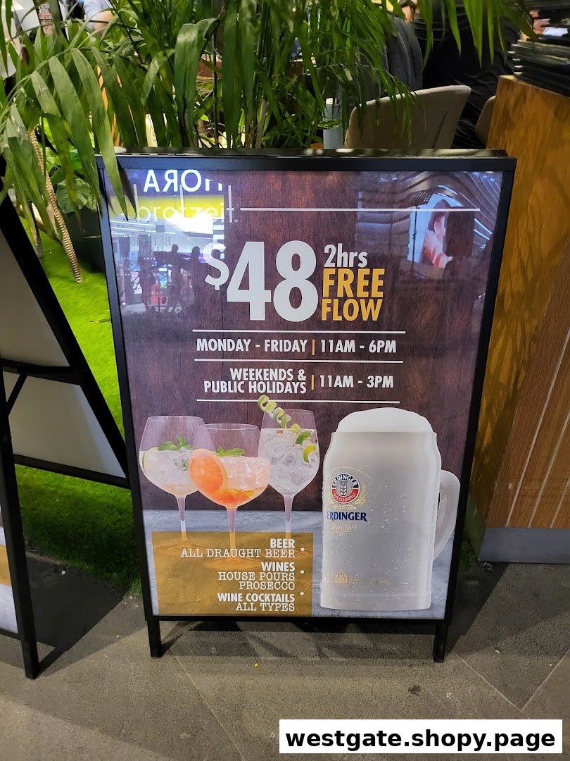 A promotional A-frame sign for Brotzeit's $48 free-flow drinks offer with timings.