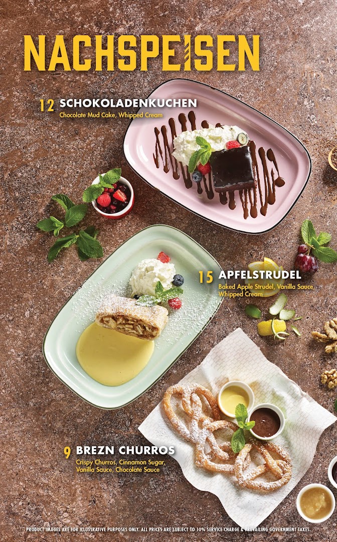 A menu page showcasing three delicious German desserts: Schokoladenkuchen, Apfelstrudel, and Brezn Churros.