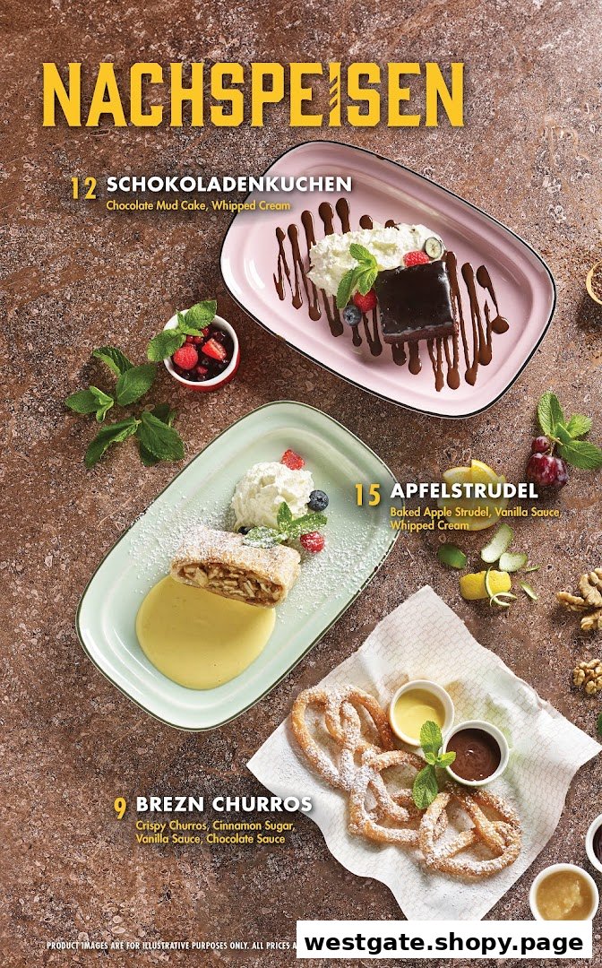 A menu page showcasing three delicious German desserts: Schokoladenkuchen, Apfelstrudel, and Brezn Churros.