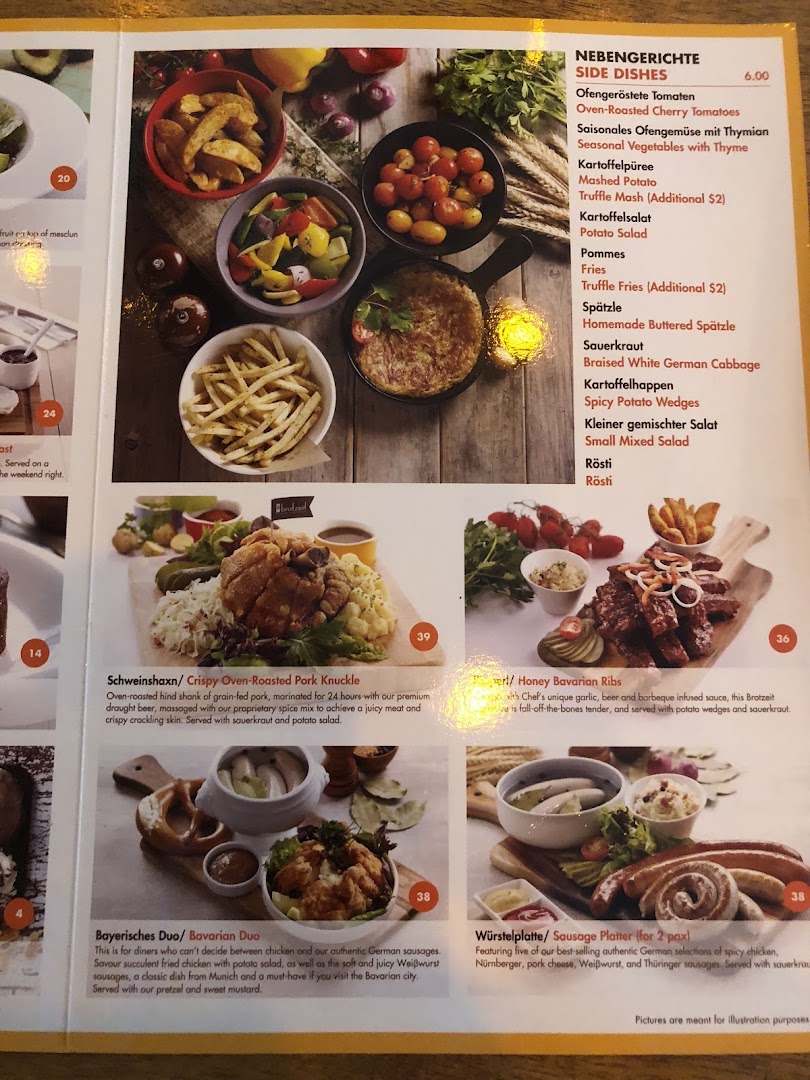 A detailed menu page from Brotzeit German Beer Bar and Restaurant, showcasing various German dishes and side options.
