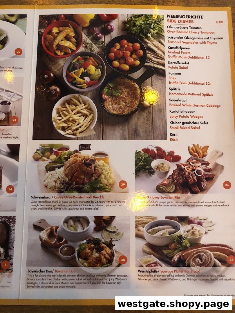 A detailed menu page from Brotzeit German Beer Bar and Restaurant, showcasing various German dishes and side options.