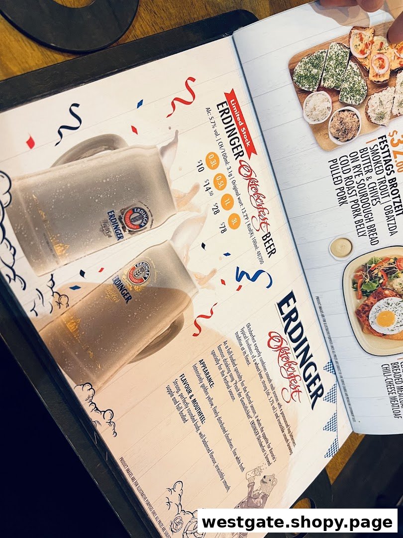 A menu page showcasing Erdinger Oktoberfest beer and a Festtags Brotzeit platter.
