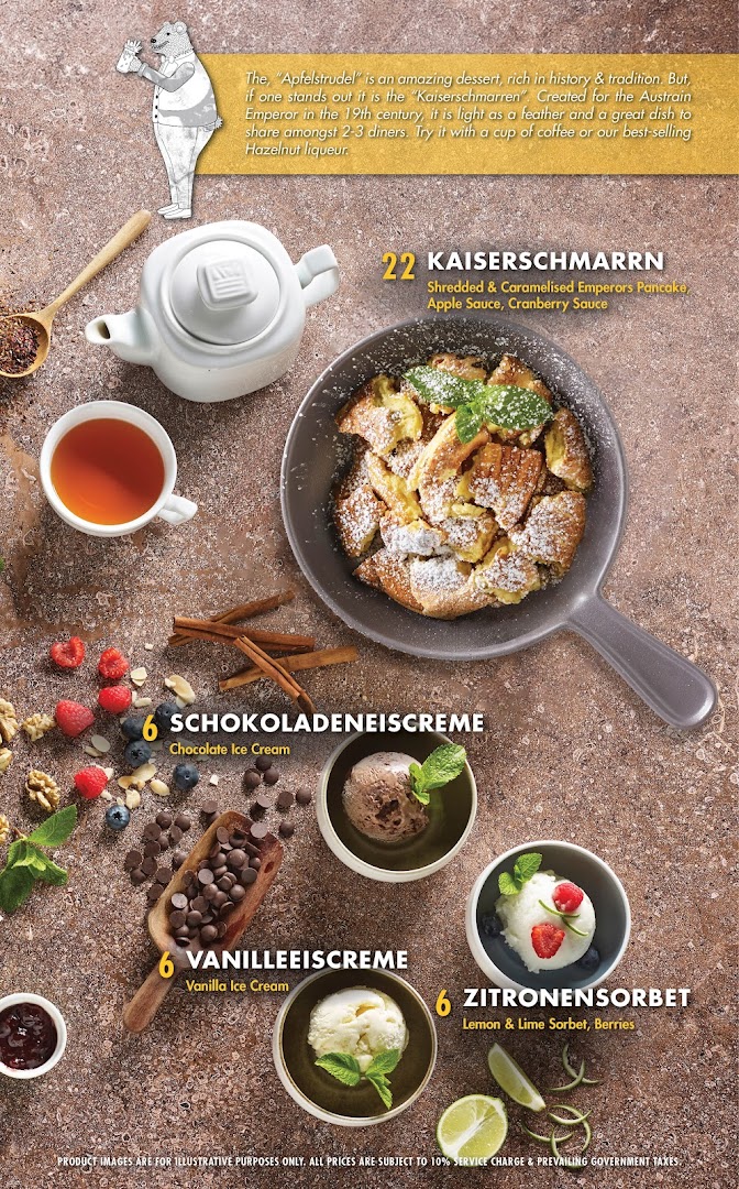 A menu page showcasing German desserts like Kaiserschmarrn, ice creams, and sorbet.