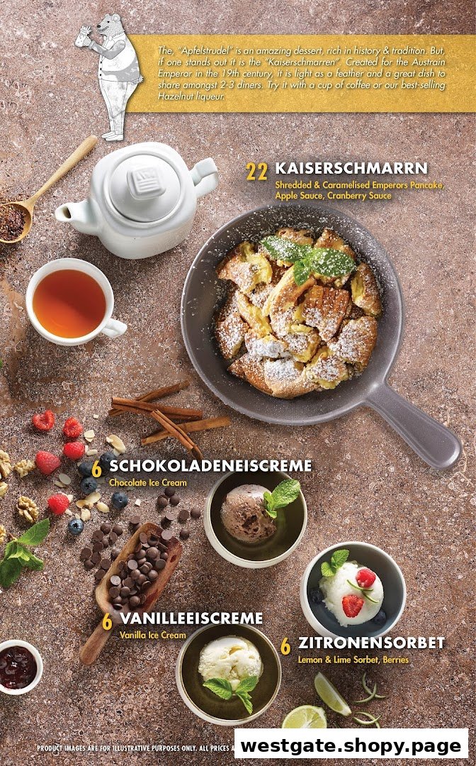 A menu page showcasing German desserts like Kaiserschmarrn, ice creams, and sorbet.