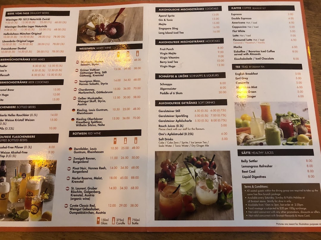 A comprehensive menu displaying a wide range of German beers, wines, cocktails, and non-alcoholic beverages.