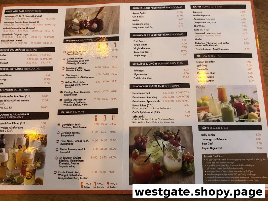 A comprehensive menu displaying a wide range of German beers, wines, cocktails, and non-alcoholic beverages.