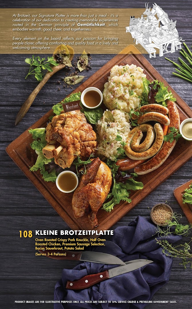A large German platter featuring pork knuckle, chicken, sausages, sauerkraut, and potato salad.