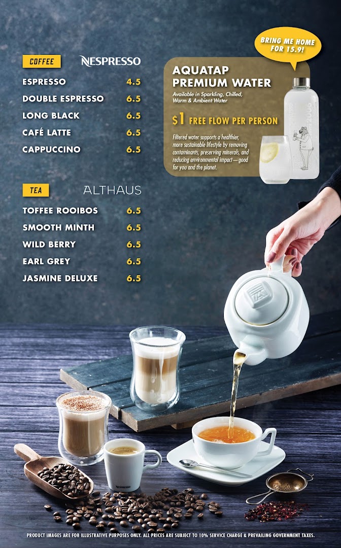 A menu displaying coffee, tea, and premium water options with prices and product visuals.
