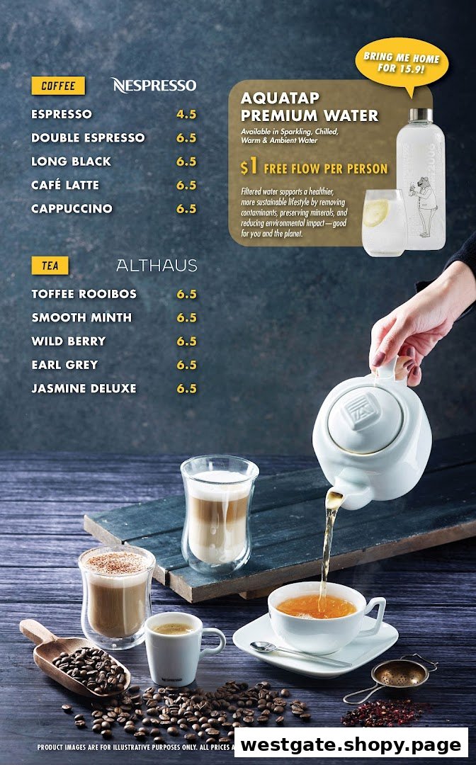 A menu displaying coffee, tea, and premium water options with prices and product visuals.